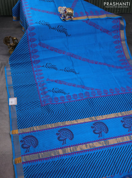 Silk cotton block printed saree cs blue with butta prints and zari woven border