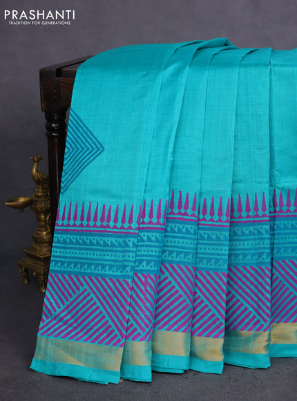 Silk cotton block printed saree teal green with butta prints and zari woven border