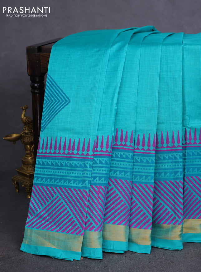 Silk cotton block printed saree teal green with butta prints and zari woven border