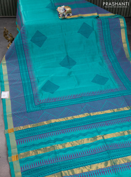 Silk cotton block printed saree teal green with butta prints and zari woven border
