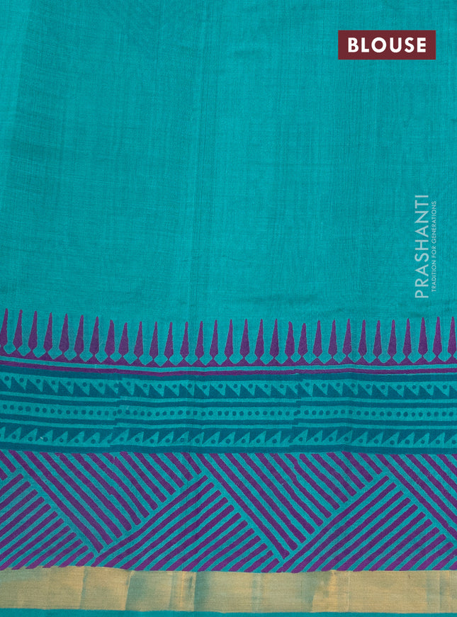 Silk cotton block printed saree teal green with butta prints and zari woven border