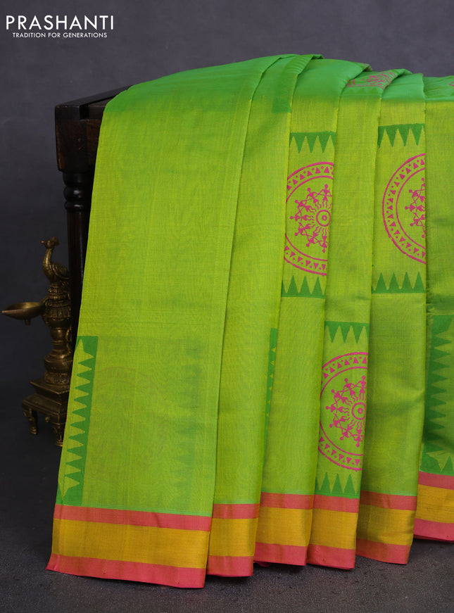 Silk cotton block printed saree light green and pink with butta prints and zari woven border