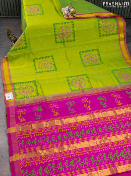 Silk cotton block printed saree light green and pink with butta prints and zari woven border