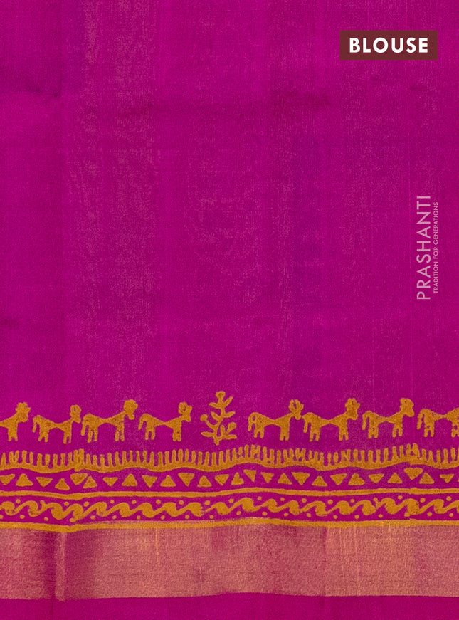 Silk cotton block printed saree light green and pink with butta prints and zari woven border