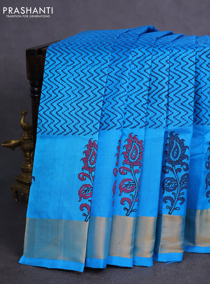 Silk cotton block printed saree light blue with butta prints and zari woven border