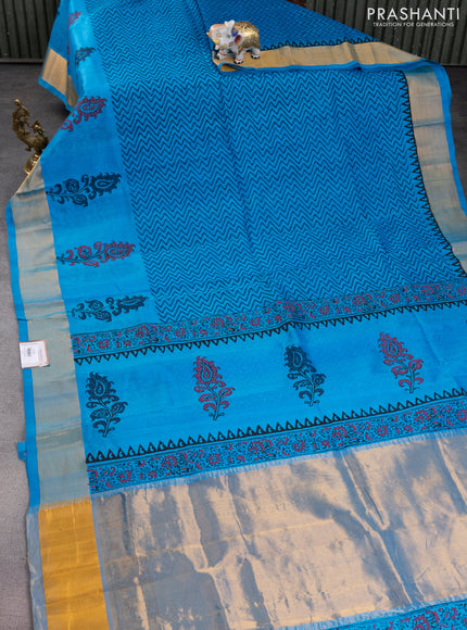 Silk cotton block printed saree light blue with butta prints and zari woven border