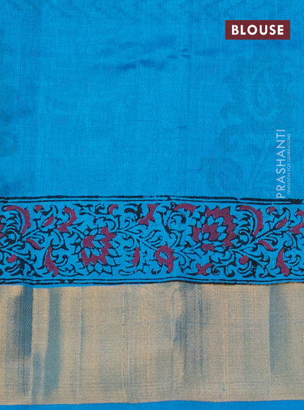 Silk cotton block printed saree light blue with butta prints and zari woven border