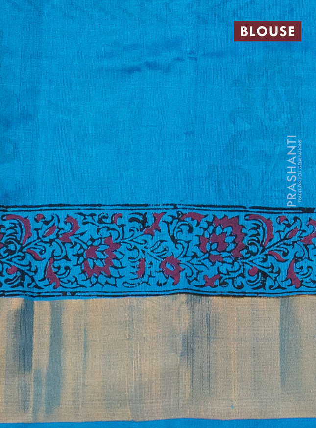 Silk cotton block printed saree light blue with butta prints and zari woven border