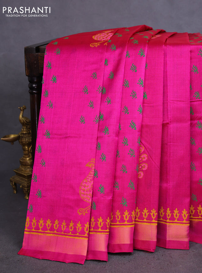 Silk cotton block printed saree magenta pink with butta prints and zari woven border