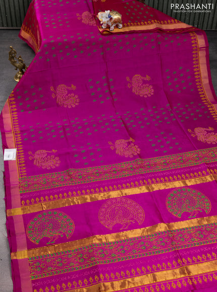 Silk cotton block printed saree magenta pink with butta prints and zari woven border