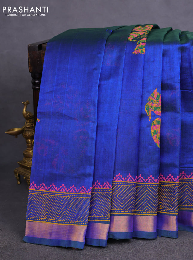 Silk cotton block printed saree dual shade of blue with butta prints and zari woven border