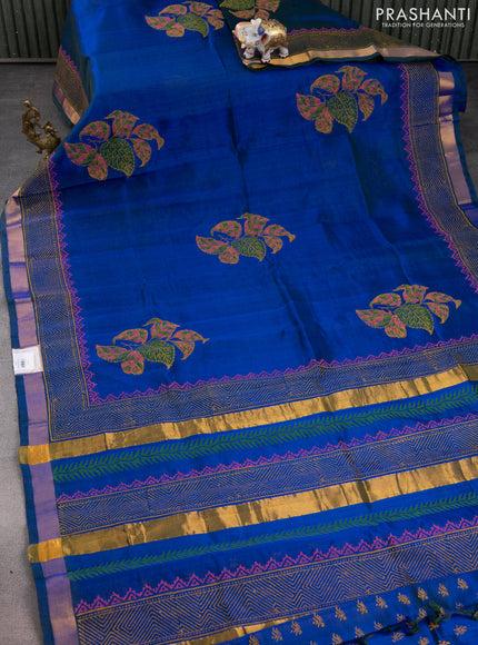 Silk cotton block printed saree dual shade of blue with butta prints and zari woven border