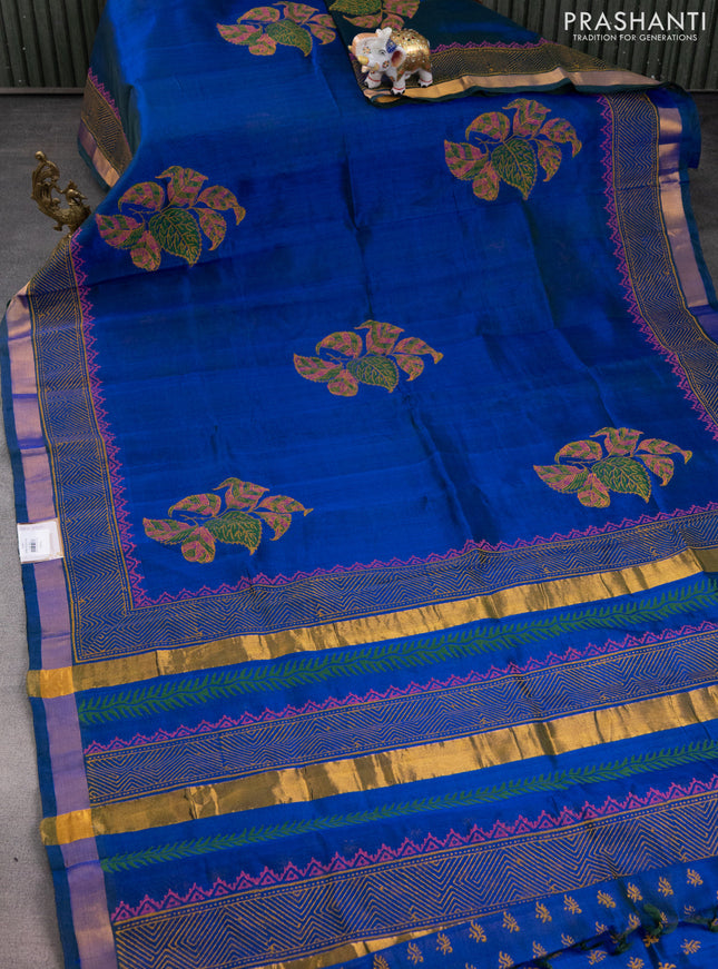 Silk cotton block printed saree dual shade of blue with butta prints and zari woven border