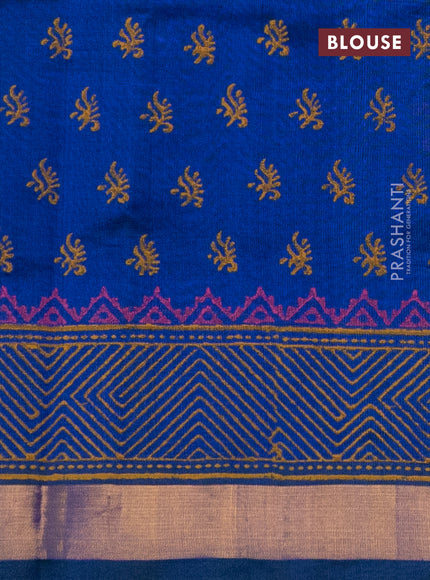 Silk cotton block printed saree dual shade of blue with butta prints and zari woven border