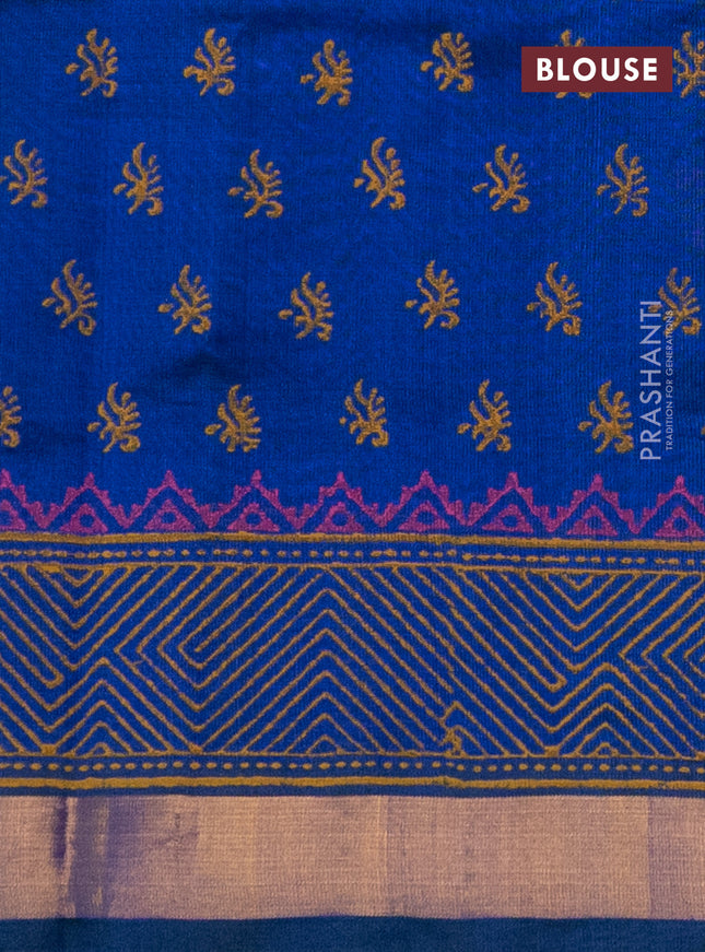 Silk cotton block printed saree dual shade of blue with butta prints and zari woven border