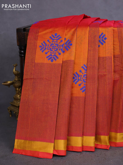 Silk cotton block printed saree dual shade of rust with butta prints and zari woven border