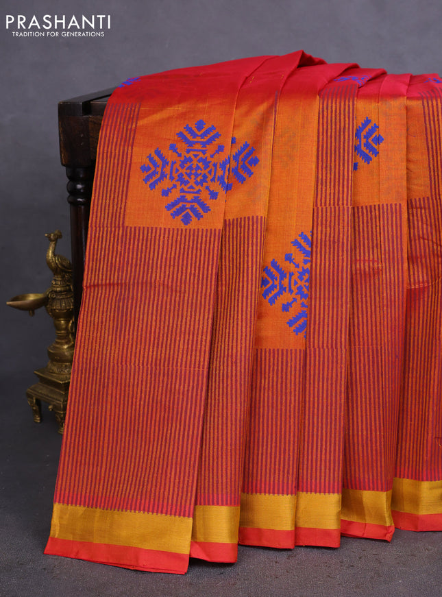 Silk cotton block printed saree dual shade of rust with butta prints and zari woven border
