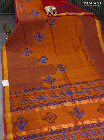 Silk cotton block printed saree dual shade of rust with butta prints and zari woven border