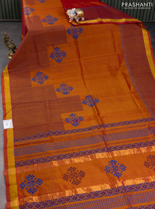 Silk cotton block printed saree dual shade of rust with butta prints and zari woven border