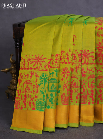 Silk cotton block printed saree lime green with allover warli prints and zari woven border