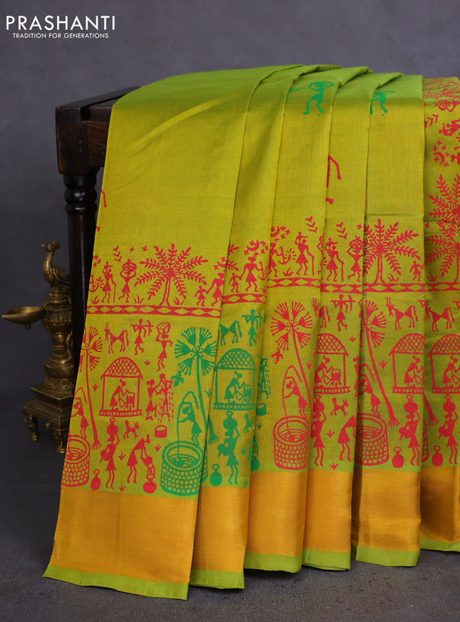 Silk cotton block printed saree lime green with allover warli prints and zari woven border
