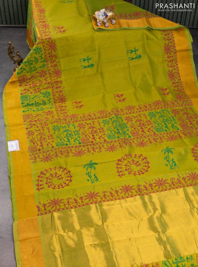 Silk cotton block printed saree lime green with allover warli prints and zari woven border
