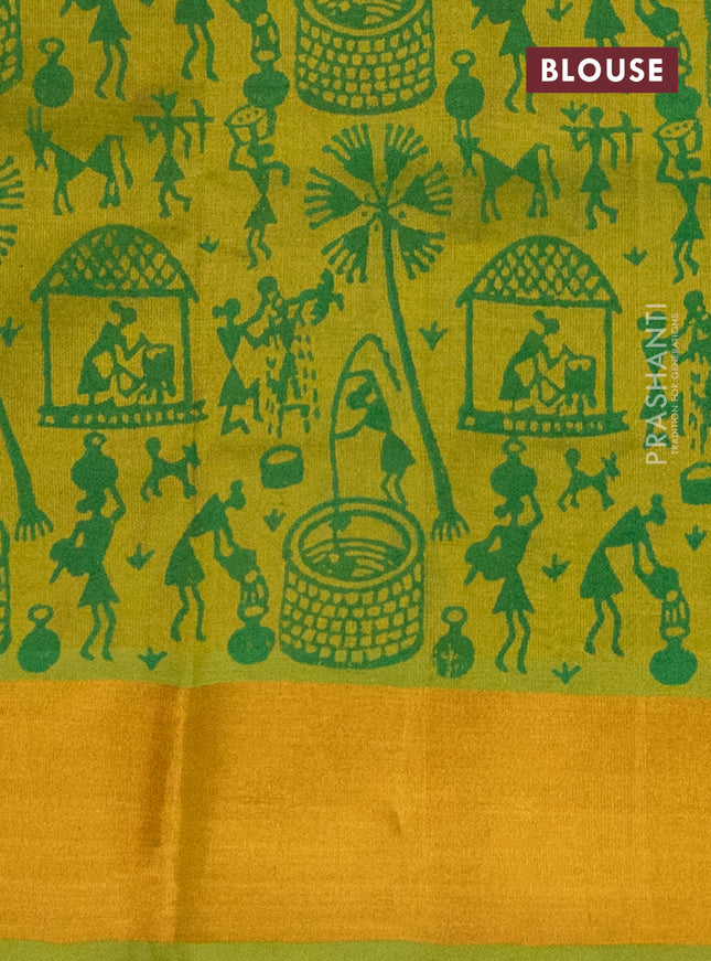Silk cotton block printed saree lime green with allover warli prints and zari woven border