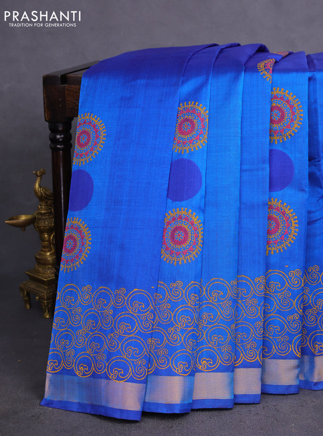 Silk cotton block printed saree cs blue with butta prints and zari woven border