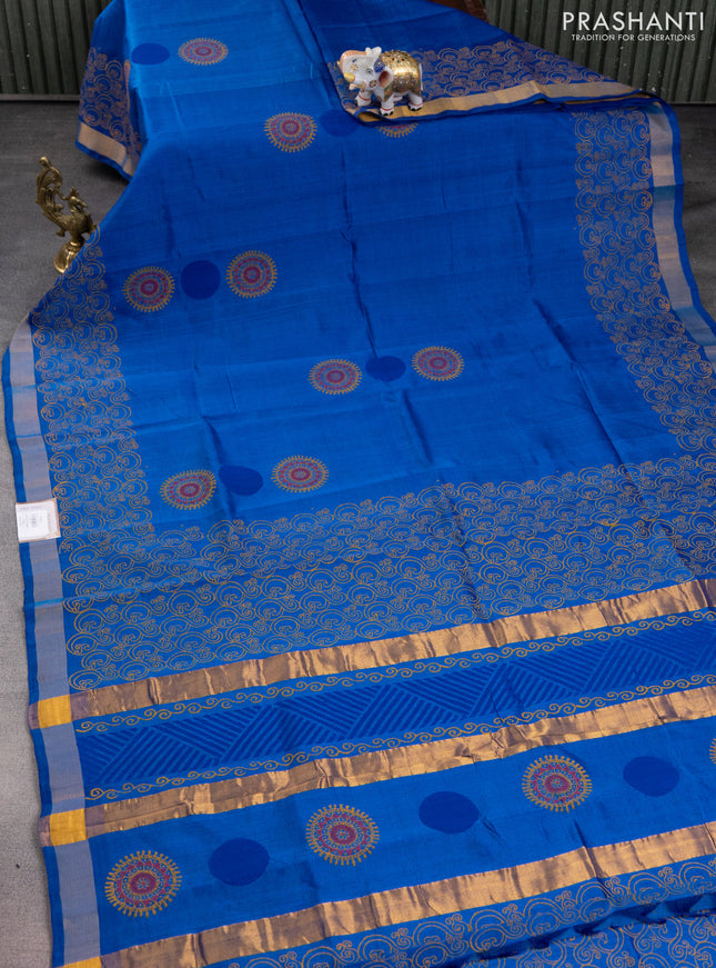 Silk cotton block printed saree cs blue with butta prints and zari woven border