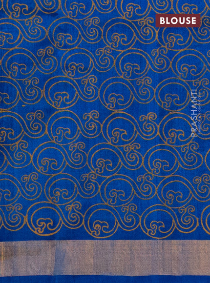 Silk cotton block printed saree cs blue with butta prints and zari woven border