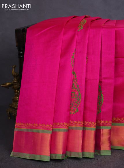 Silk cotton block printed saree pink and light green with butta prints and zari woven border