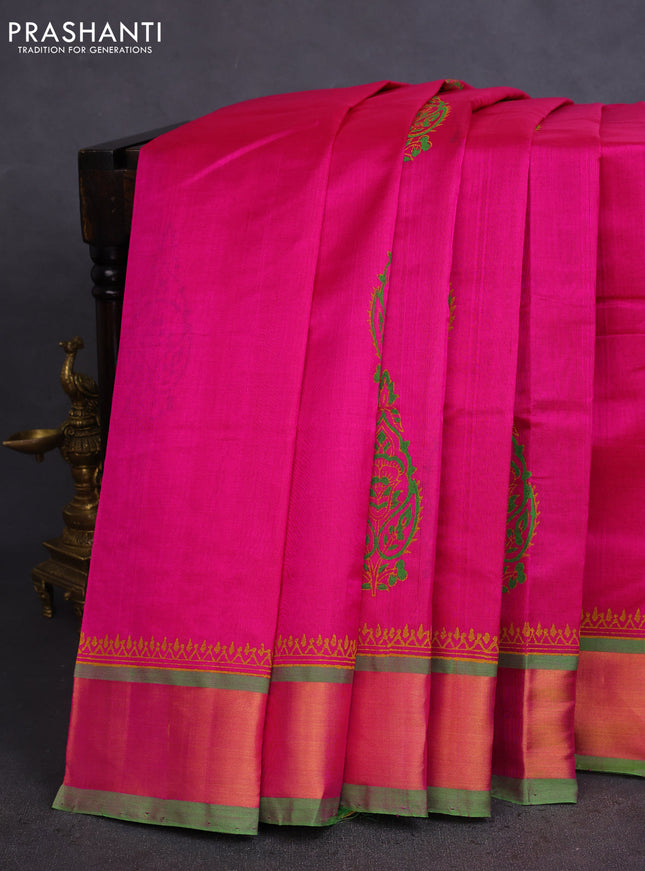Silk cotton block printed saree pink and light green with butta prints and zari woven border