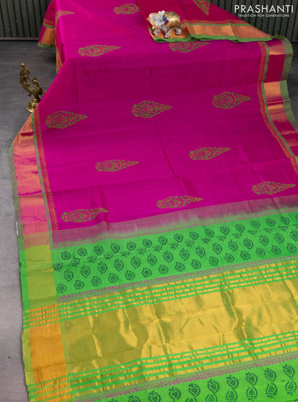 Silk cotton block printed saree pink and light green with butta prints and zari woven border