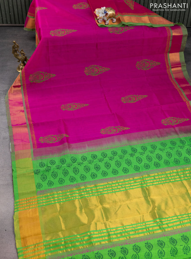Silk cotton block printed saree pink and light green with butta prints and zari woven border