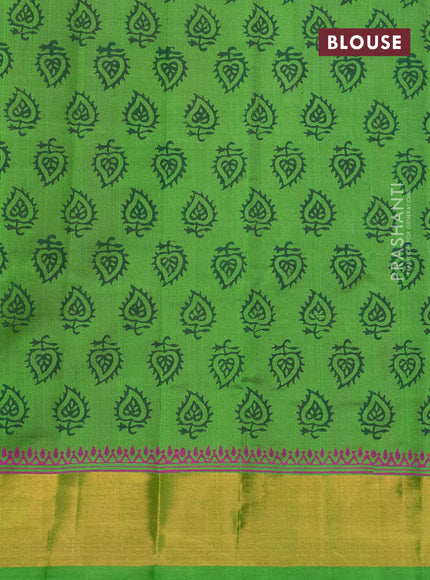 Silk cotton block printed saree pink and light green with butta prints and zari woven border