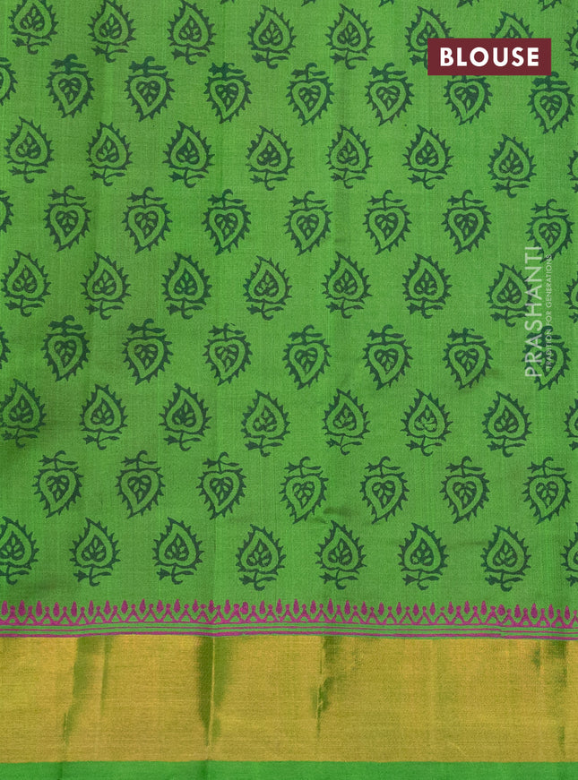 Silk cotton block printed saree pink and light green with butta prints and zari woven border