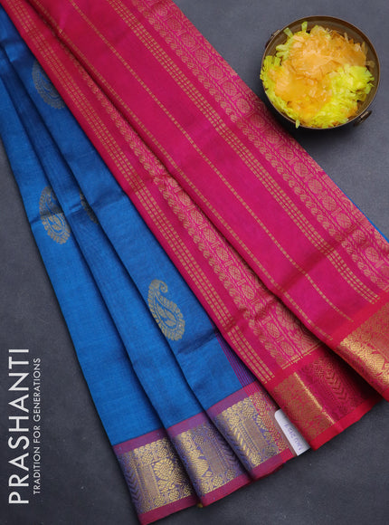Silk cotton saree cs blue and pink with paisley zari woven buttas and zari woven border