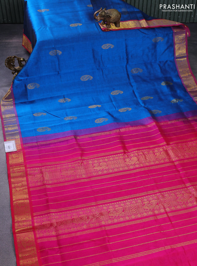 Silk cotton saree cs blue and pink with paisley zari woven buttas and zari woven border