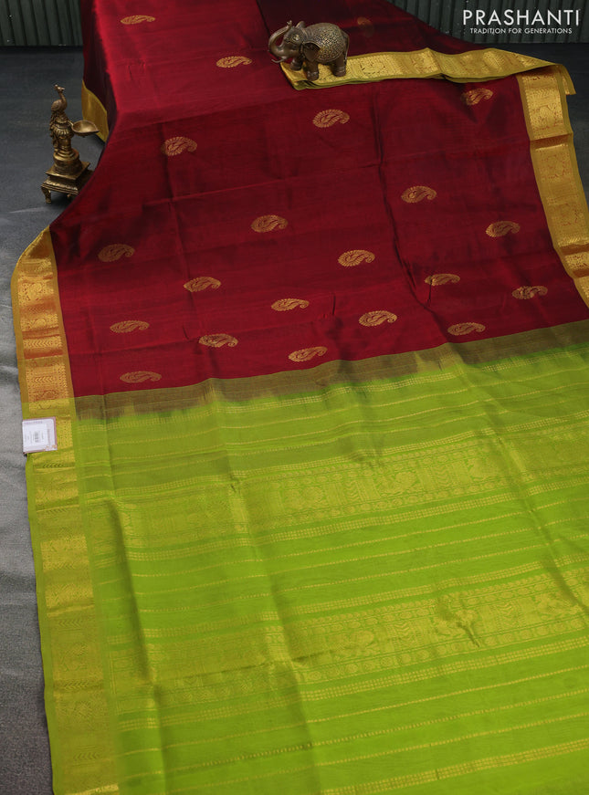 Silk cotton saree maroon and light green with paisley zari woven buttas and zari woven border