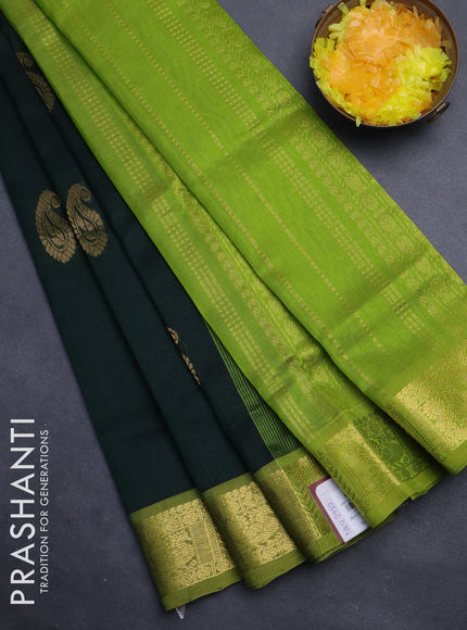 Silk cotton saree bottle green and light green with zari woven buttas and annam zari woven border