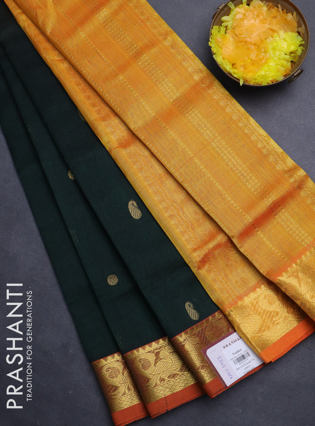 Silk cotton saree dark green and orange with zari woven buttas and annam zari woven border