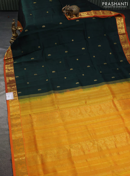 Silk cotton saree dark green and orange with zari woven buttas and annam zari woven border