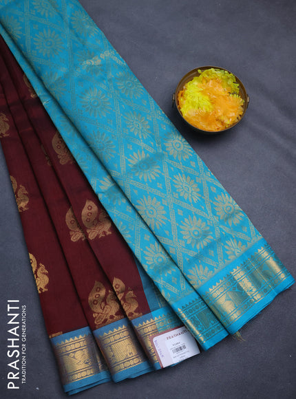 Silk cotton saree maroon and teal blue with annam zari woven buttas and zari woven border