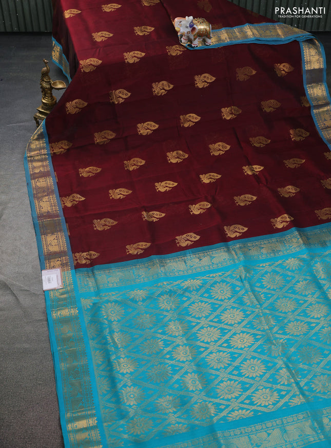 Silk cotton saree maroon and teal blue with annam zari woven buttas and zari woven border