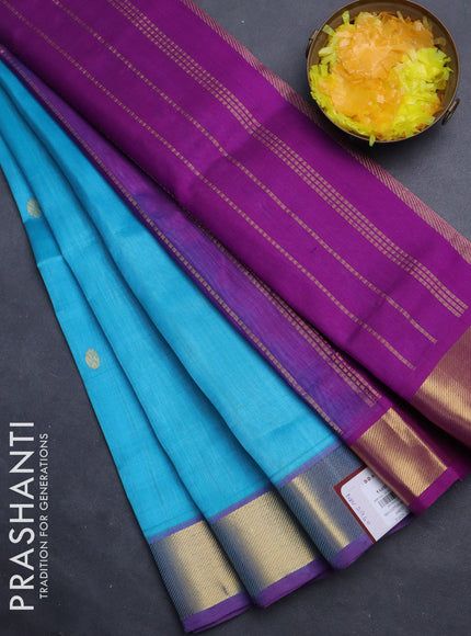Silk cotton saree light blue and purple with zari woven buttas and zari woven border