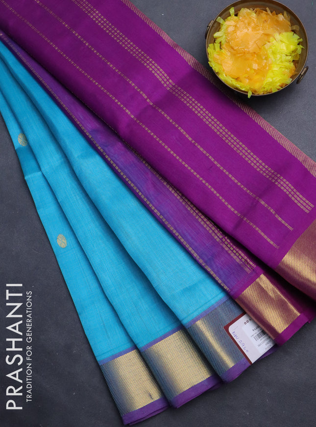 Silk cotton saree light blue and purple with zari woven buttas and zari woven border