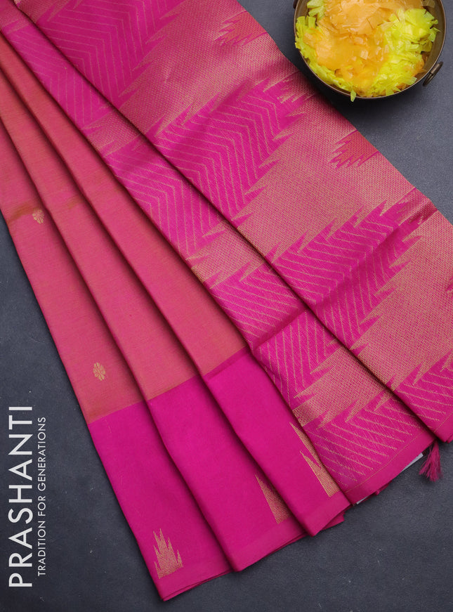 Silk cotton saree dual shade of pinkish yellow and pink with zari woven buttas and temple design zari woven border