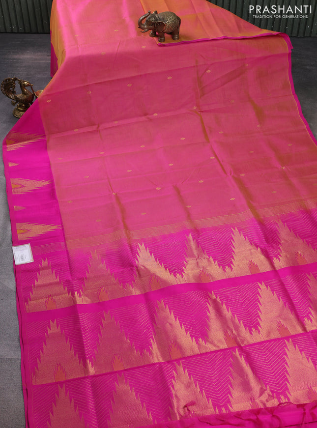 Silk cotton saree dual shade of pinkish yellow and pink with zari woven buttas and temple design zari woven border