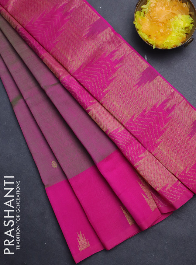 Silk cotton saree magenta pink and pink with zari woven buttas and temple design zari woven border