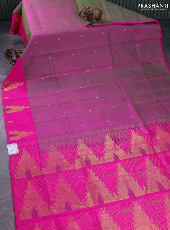 Silk cotton saree magenta pink and pink with zari woven buttas and temple design zari woven border